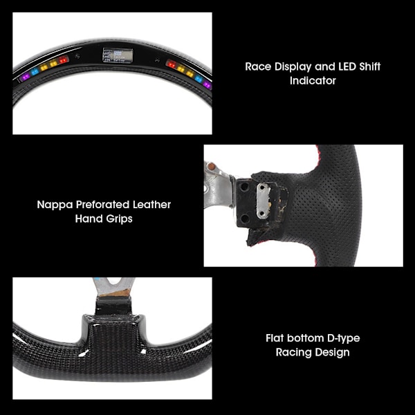 LED Performance Kolfiber Race Display Rattstyre Perforerat Läder Med Röd Sömmar Passar för Nissan Skyline GT-R R34 1999-2002