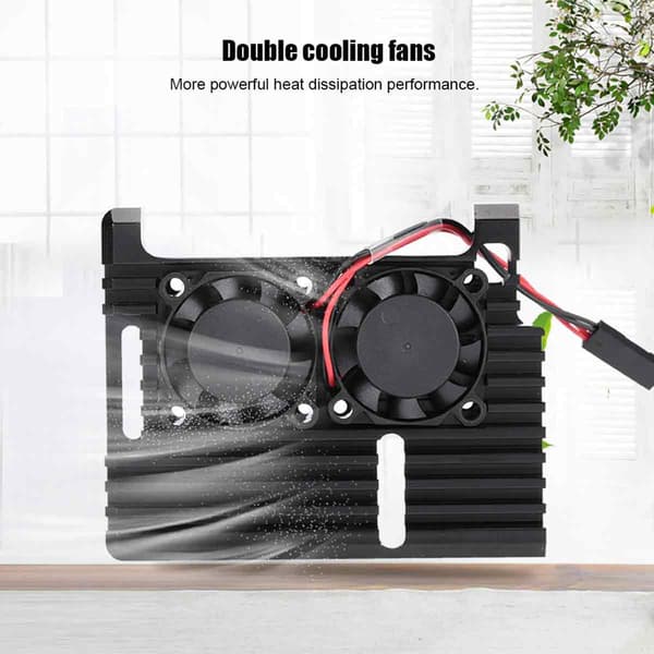 For Raspberry Pi 4 Modell B Svart Aluminiumlegering Armor Case med Doble Kjølevifter