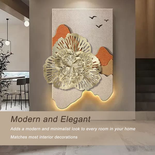 3D Metall Blomväggdekoration, Lager Metall Blomväggkonst med Rustik Modern Blomsterskulptur Estetik, Triangulär Ginkgo Järnkonst för Sovrum