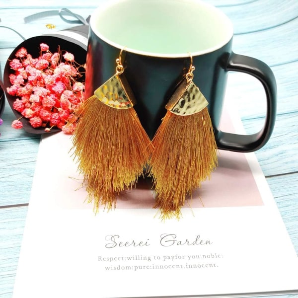 Bohemian Silky Thread Fan Fringe Tassel Statement Øreringe - Lig