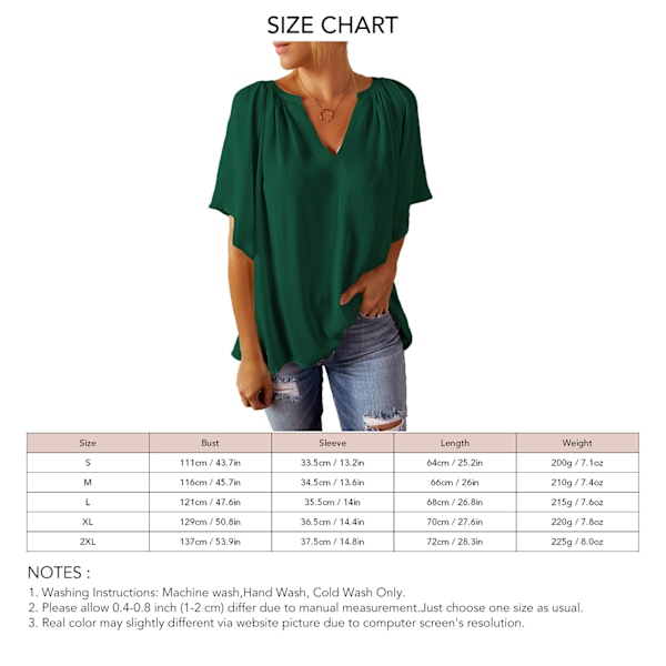Blouse med korte ærmer, V-hals, løs pasform, ren farve, blød og åndbar, afslappet top til kvinder til hverdag, arbejde, rejser, Grøn, L