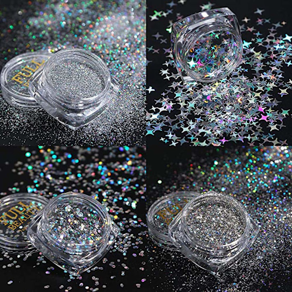 Holografiska Nagelkonst Paljetter, DIY Nagelkonst Glitter Ädelsten för Iögonfallande Naglar, 8 Ask Silver Metallic Glänsande Flakes med Säker Hudvänlig Formula