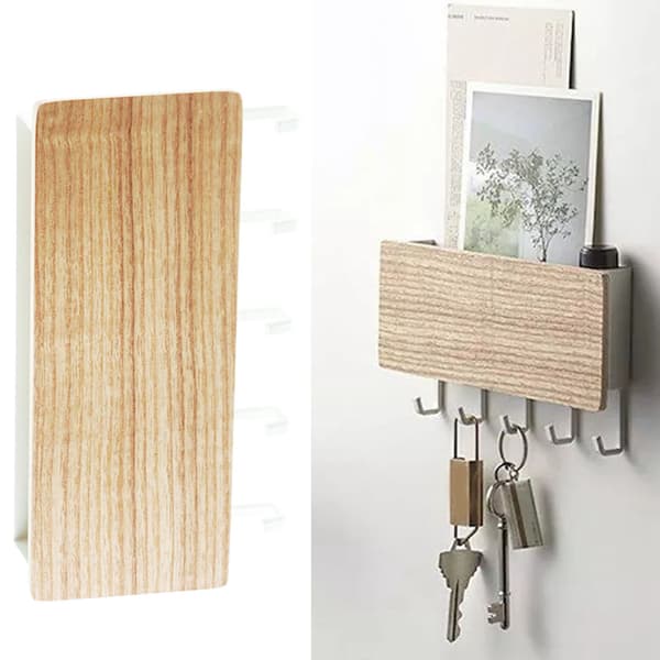 Postsorter til væg med nøglekroge, naturlig træfinish, multifunktionel solid træentréhylde til nøgler, håndtasker og tilbehør, robuste kroge