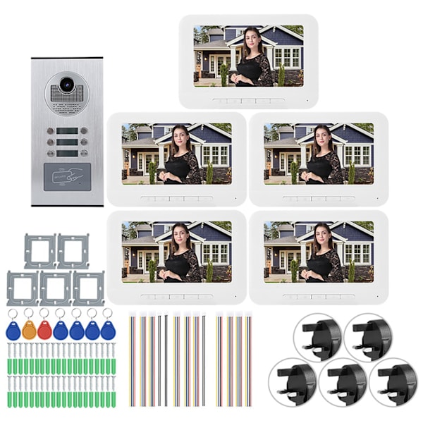 5 Lejligheder 7in 1000TVL HD Videodørtelefon Intercom Dørklokke Ir cUT Kamera (UK 100V 240V)