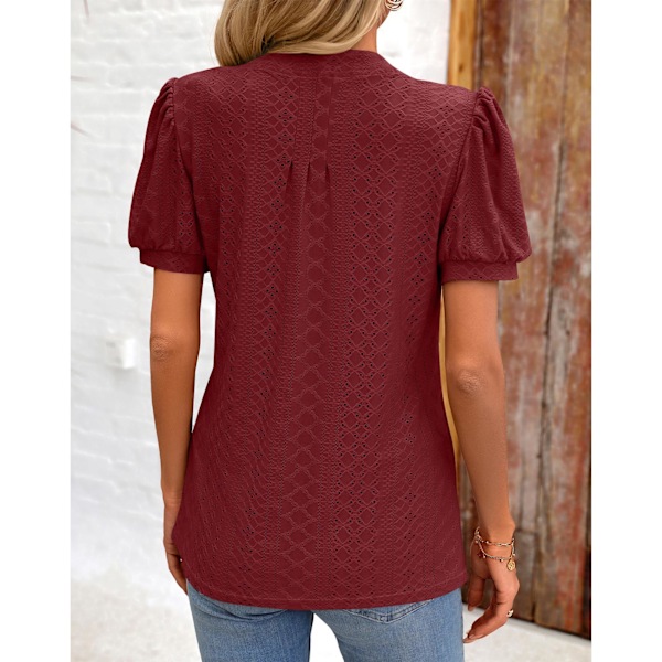 Dam V-ringad Topp Korta Puffärmar Lös Passform Jacquard Casual T-shirt för Sommarbruk Vinröd M