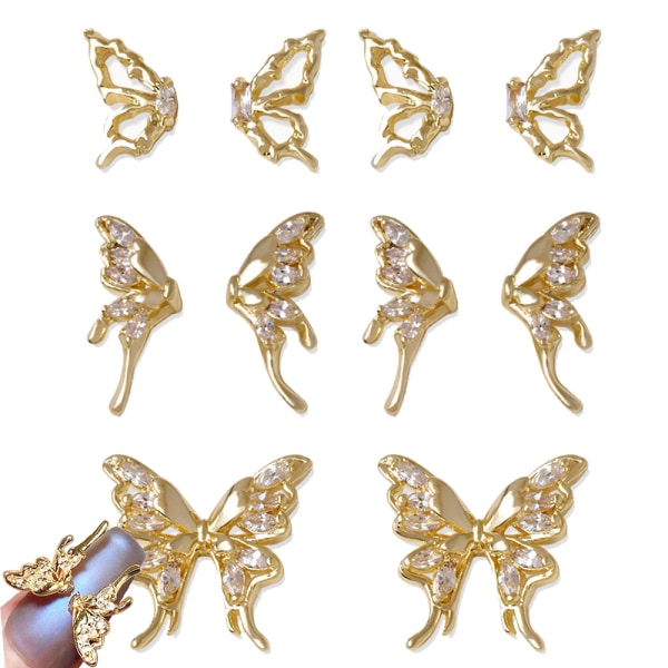 3D Aloy Butterfly Nail Charms, 10 Stk Guld/Sølv Metal