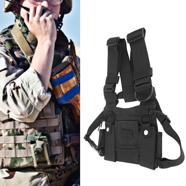 Radio Chest Harness 2 Pockets Oxford Cloth Adjustable Vest Rig Universal for 2 Way Radio Walkie Talkie Black