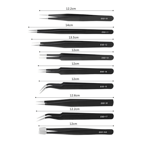 9 stk Antistatiske Pinsetter Assortert Rustfritt Stål Multifunksjonelle Pinsettersett for Elektronisk Reparasjon