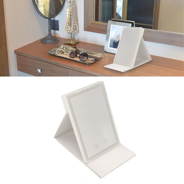 Reseförstoringspegel med belysning, Bluetooth-högtalare, LED, 3 färger, dimbar, fällbar, bordsmodell, vit