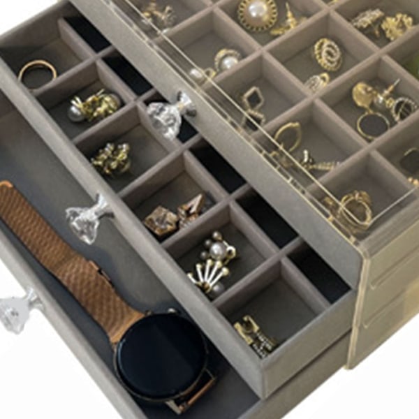 Smyckeskrin med 3 Våningar Transparent Akryl Sammetfodrad Multifunktionell Smyckesförvaring för Örhängen Ringar Halsband