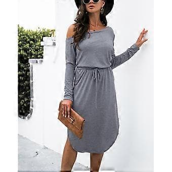 Dame Kjole Polyester Polyurethan Fiber Ensfarvet Off Shoulder Lange Ærmer Elastisk Kjole i Ét Stykke til Efterår Vinter