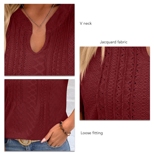Dam V-ringad Topp Korta Puffärmar Lös Passform Jacquard Casual T-shirt för Sommarbruk Vinröd M