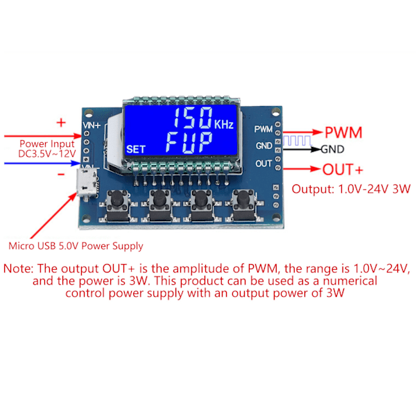 PWM Puls-Kvadratvågssignalgeneratormodul med LCD-display och justerbar frekvens