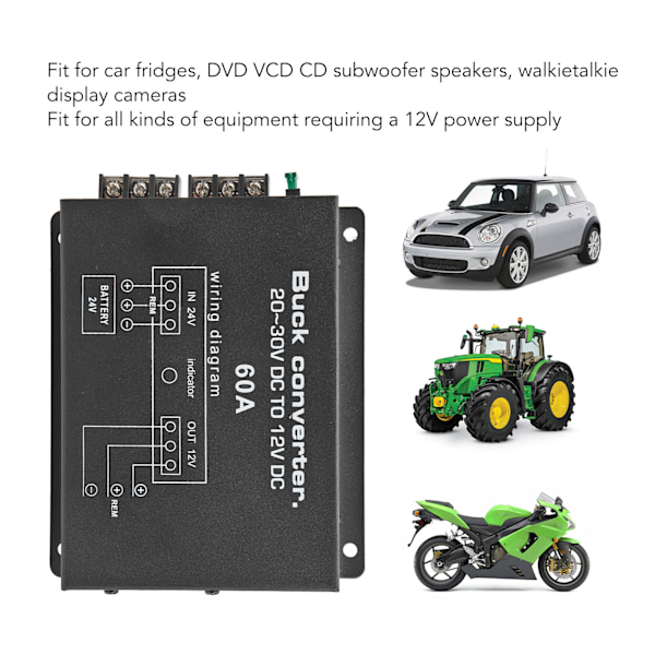 Svart Bilströmsomvandlare 60A Hög Styrka Övertemperatursskydd DC 24V till 12V Omvandlare för Bilkylskåp