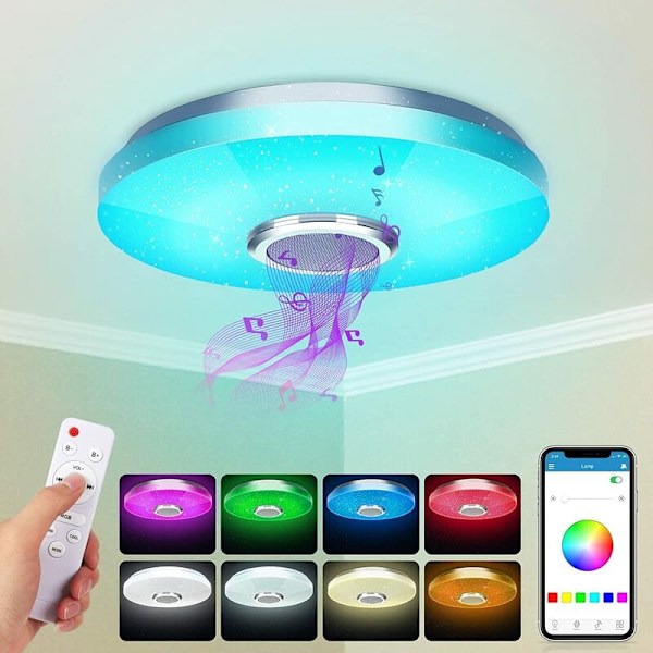 Taklampa för enkel installation, energibesparande Bluetooth-högtalare med färgskiftande RGB LED för en underhållande belysningslösning, smart belysning