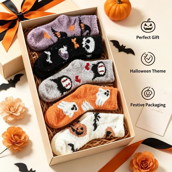 5 par fluffy Halloween-sokker til kvinder med festlige designs af græskar, spøgelser og hekse