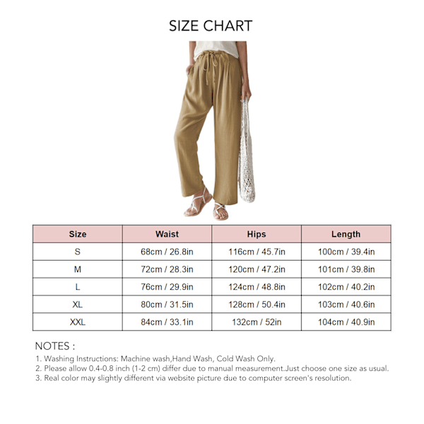 Women Straight Trousers Elastic Waist Tie Wide Leg Pants Loose Trousers for Spring Summer Khaki L