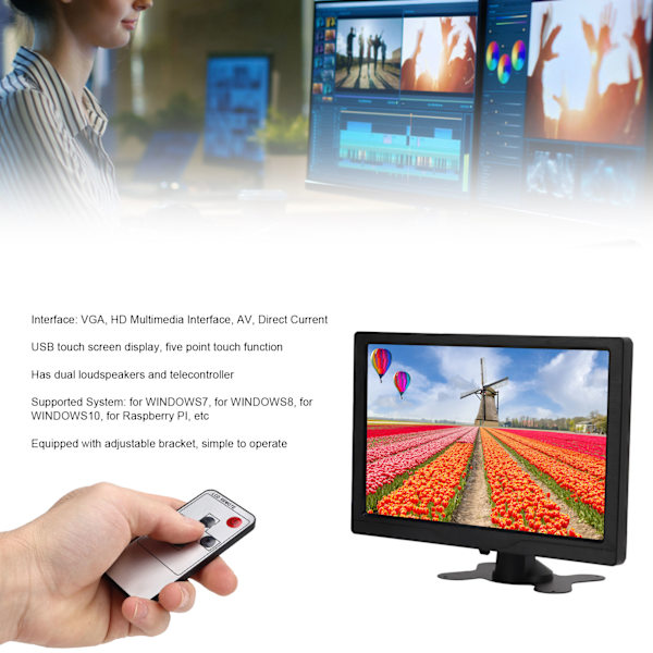 10,1 tuuman näyttö 1280x800 resoluutiolla, pieni kannettava HD-kosketusnäyttö, sisäänrakennettu kaiutin, VGA HD-multimedialiitäntä, AV-suora virta