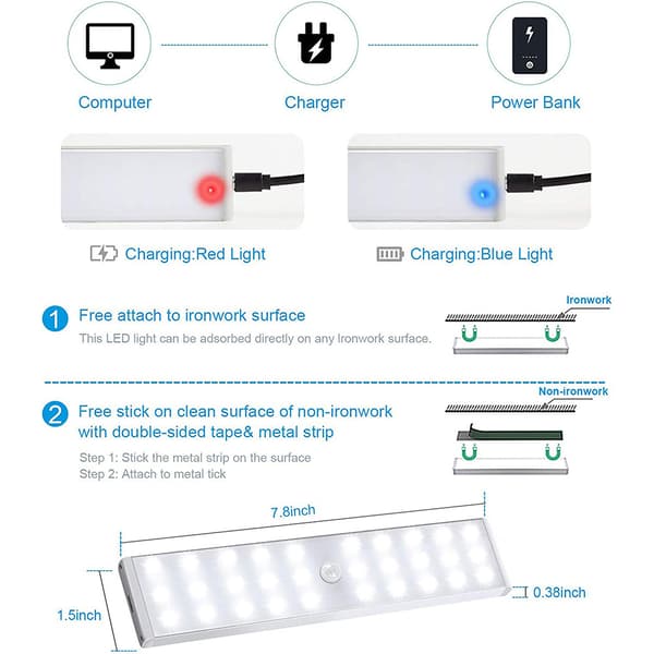 LED skabslys, 20-LED dæmper USB genopladelig bevægelsessensor C