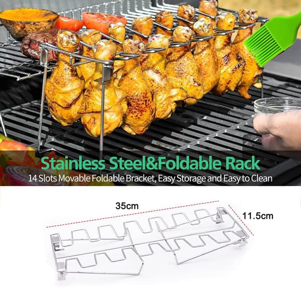 Kyllingelårsstativ til grilltilbehør, Premium rustfrit stål med drypbakke til opsamling af saft, låsemekanisme til sikker tilberedning, perfekt til