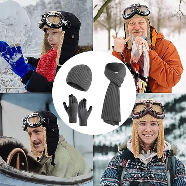 Varm stickad vintermössa för damer, pekskärmshandskar, lång halsduk, ullfodrad mössa, halsduk för män