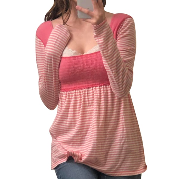 Randig T-shirt för Kvinnor Färgblock Shirrad Byst Långärmad Casual Splicing Blus Rosa XL