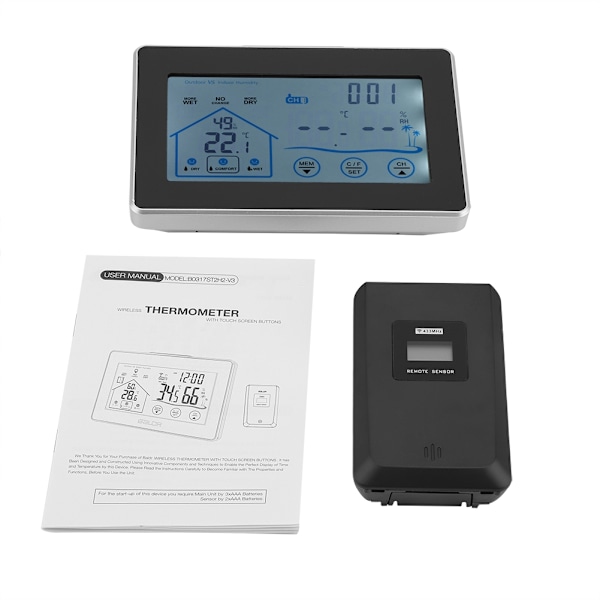 Trådlös Digital Termometer Hygrometer Inomhus Utomhus Pekskärm Väderstation med Sensor