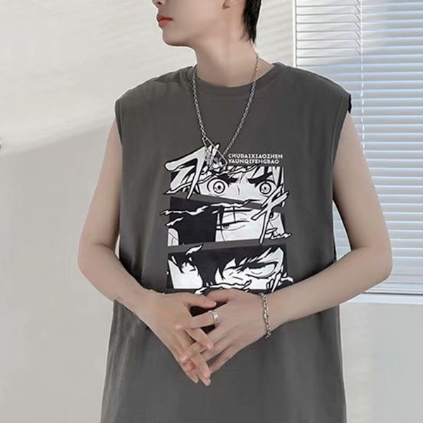 Mænd Tanktop Smuk Print Ærmeløs Løstsiddende Vest Skåret Skjorte til Hjemmetræning Grå XL