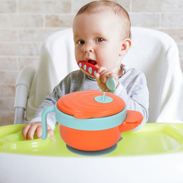 Baby Isolationskål Mikrovågsugn Diskmaskinssäker Avtagbar Inre i Rostfritt Stål Spädbarnsmatningssål med Sugbas Orange