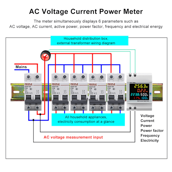 AC-jännitevirran tehomittari kiskoasennukseen, LCD-näyttö, ampeerimittari, volttimittari, monimittari D52‑2066 250‑450V 0‑30000W