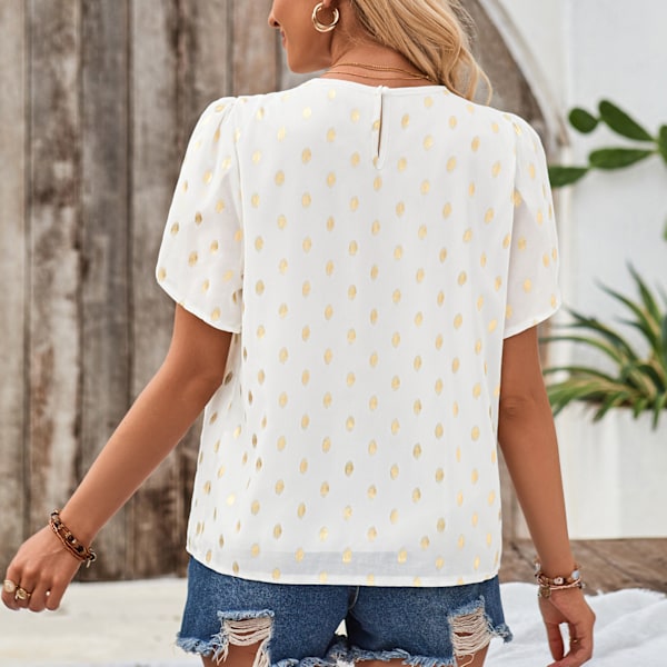 Blus med Petalärm, Prickmönster, Lös Passform, Rund Hals, Plisserad Petalärm Blus med Prickar för Vardagslivet, Vit S
