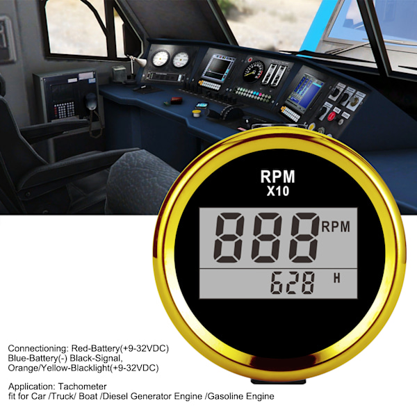 0‑9990RPM Turteller Måler IP67 Vandtæt Rød Baggrundsbelysning 52mm/2in LCD Display 9‑32V Sort Skive Guld Dæksel