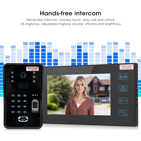 7 tommer TFT LCD Videodørtelefon Fingeraftryk Adgangskode ID-kort Fjernbetjening Sikkerhed Adgangskontrol 100-240VUK Stik