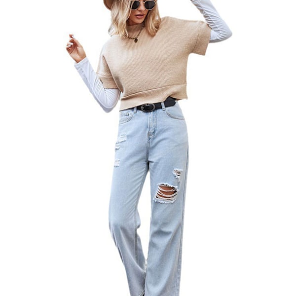Dam Kortärmad Rundhals Stickad Tröja Enfärgad Lös Passform Sweater Pullover Topp Khaki L