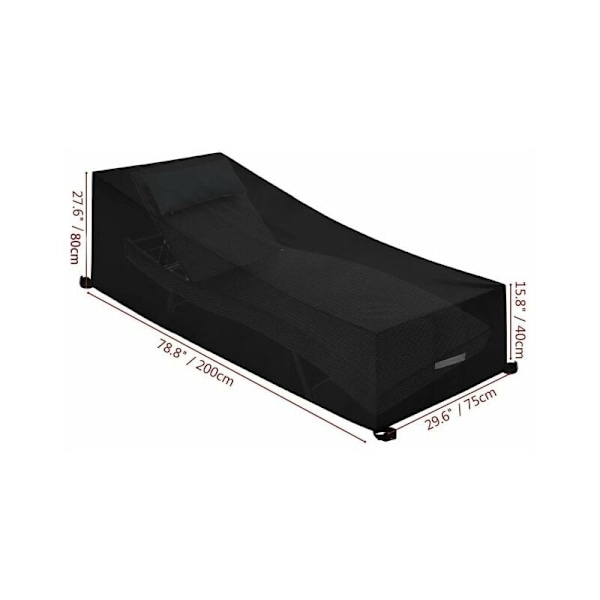 Överdrag för utemöbler, Universal Passform Schäslong, Vattentätt Slitstarkt Svart Material, 200L X 75B X 40H/80H CM