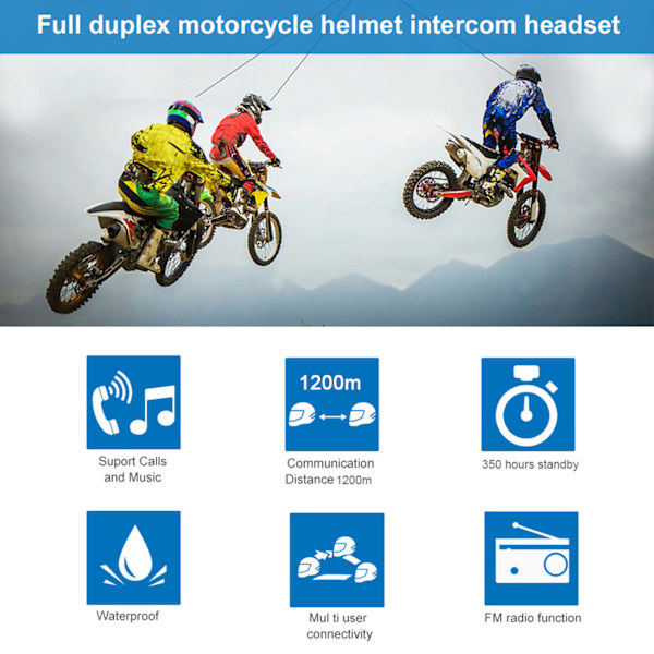 Bluetoothhjälm Intecom Trådlös Hörlurs-Högtalare Motorcykelheadset 1200m FM Handsfree Motortillbehör
