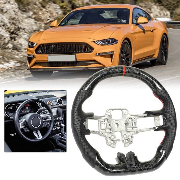 Taottu hiilikuituohjauspyörä, rei'itetty nahka, punaiset ompeleet, korvaava Ford Mustang EcoBoost GT:lle 2018-2023