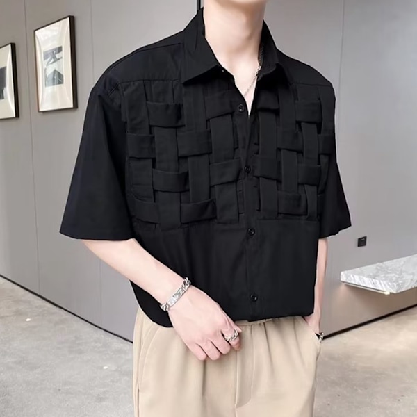 Men Half Sleeve Shirt Woven Knitted Summer Fashion Solid Color Turndown Collar Top Black XL