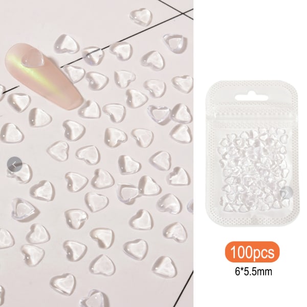 3Pak Clear Heart Nail Art Charms, 3D Love Hearts Rhinestones