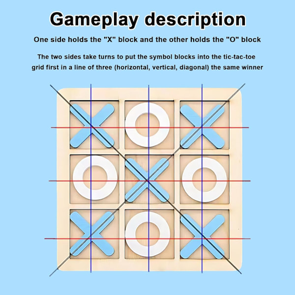 Strategiskt Xo-pussel i trä, Tic Tac Toe-spel i trä förbättrar den logiska utvecklingen för barn, snabbtänkande utmaning för inomhus- och utomhuslek (14X14Cm)