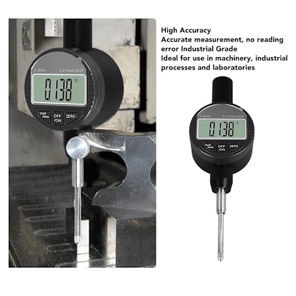 Digital indikatorklocka 0,01 mm 0,0005 tum upplösning 0 till 30 mm räckvidd M2,5 gänga Högprecisions mätklocka