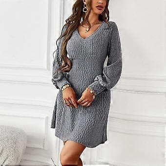 V-ringad Stickad Långärmad Klänning Trendig Elegant Klassisk Midja Slim Fit Dam Tröjklänning för Höst Vinter