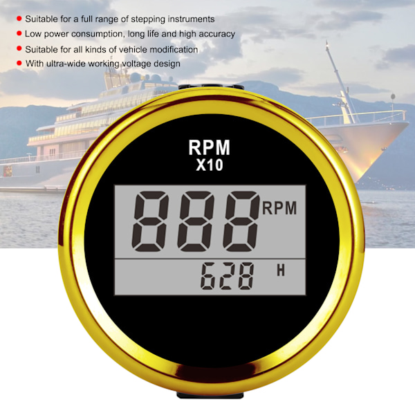 0‑9990RPM Turteller Måler IP67 Vandtæt Rød Baggrundsbelysning 52mm/2in LCD Display 9‑32V Sort Skive Guld Dæksel