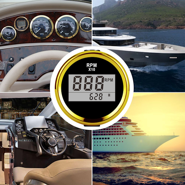 0‑9990RPM Varvräknare Mätare IP67 Vattentät Röd Bakgrundsbelysning 52mm/2in LCD-Skärm 9‑32V Svart Urtavla Guldöverdrag