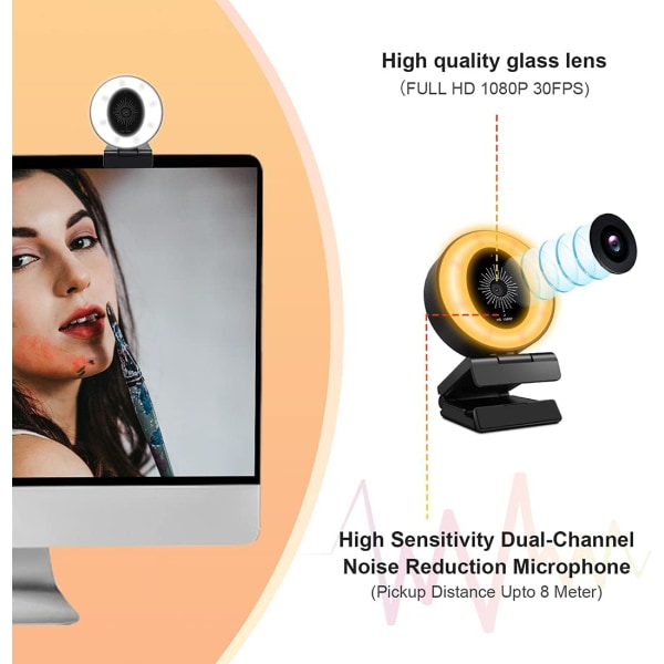 1080P webcam med mikrofon og belysning, 3-niveau justerbar lysstyrke, Plug and Play computerkamera, velegnet til Skype, Zoom, FaceTime,
