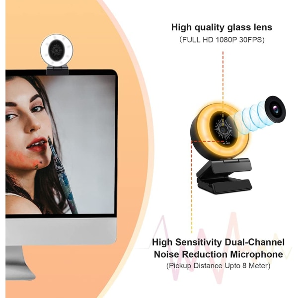 1080P webkamera med mikrofon og belysning, 3-nivå justerbar lysstyrke, Plug and Play datakamera, egnet for Skype, Zoom, FaceTime,