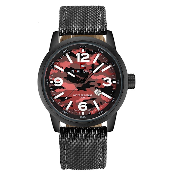 NAVIFORCE Camouflage Urtavlsmønster Nylonrem Kvarts Kalender Vandafvisende Herreure (Rød)