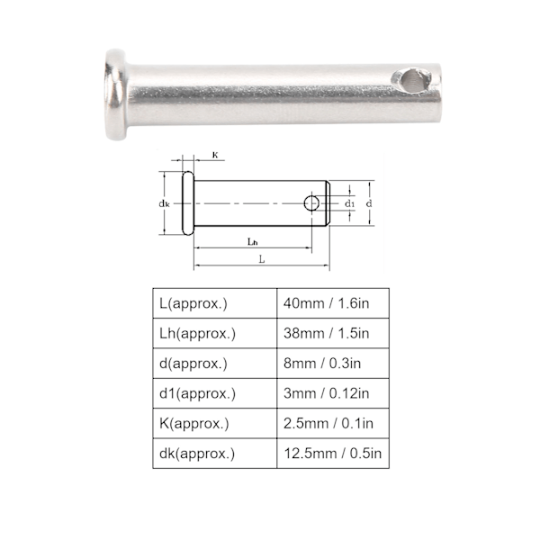 10 st Runda Clevis Stift Platthuvud 304 Rostfritt Stål Positioneringslinjära Rörliga Delar M8x40mm