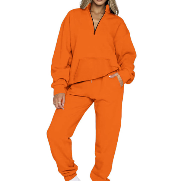 Dam Fickor Enfärgad Träningsdräkt Set Halv Dragkedja V-ringad Långärmad Topp Elastiska Långbyxor Enfärgad Tröja Outfit Set Orange XL