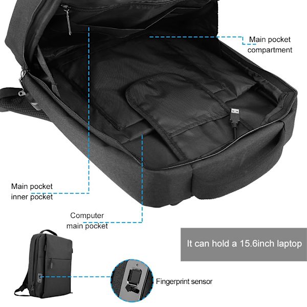 Fipilock Bærbar Smart USB Fingeravtrykk Lås Ryggsekk Anti-Tyveri Laptop Bag